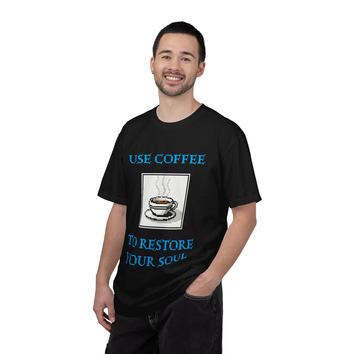 Use Coffee to Restore Your Soul T-Shirt | Coffee cup graphic tee with gaming reference