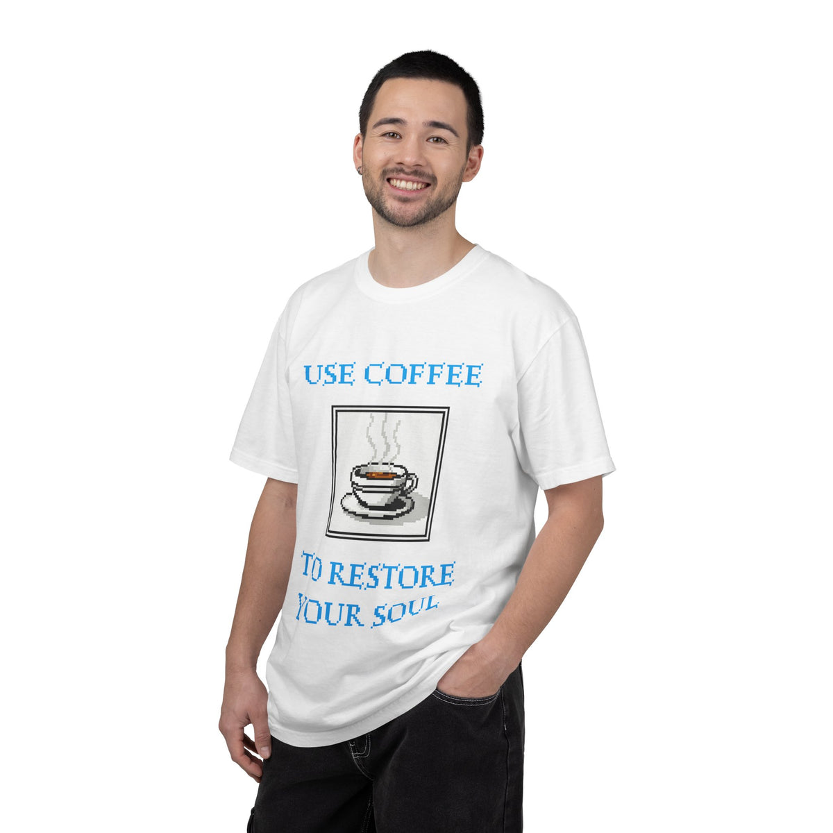 Use Coffee to Restore Your Soul T-Shirt | Coffee cup graphic tee with gaming reference